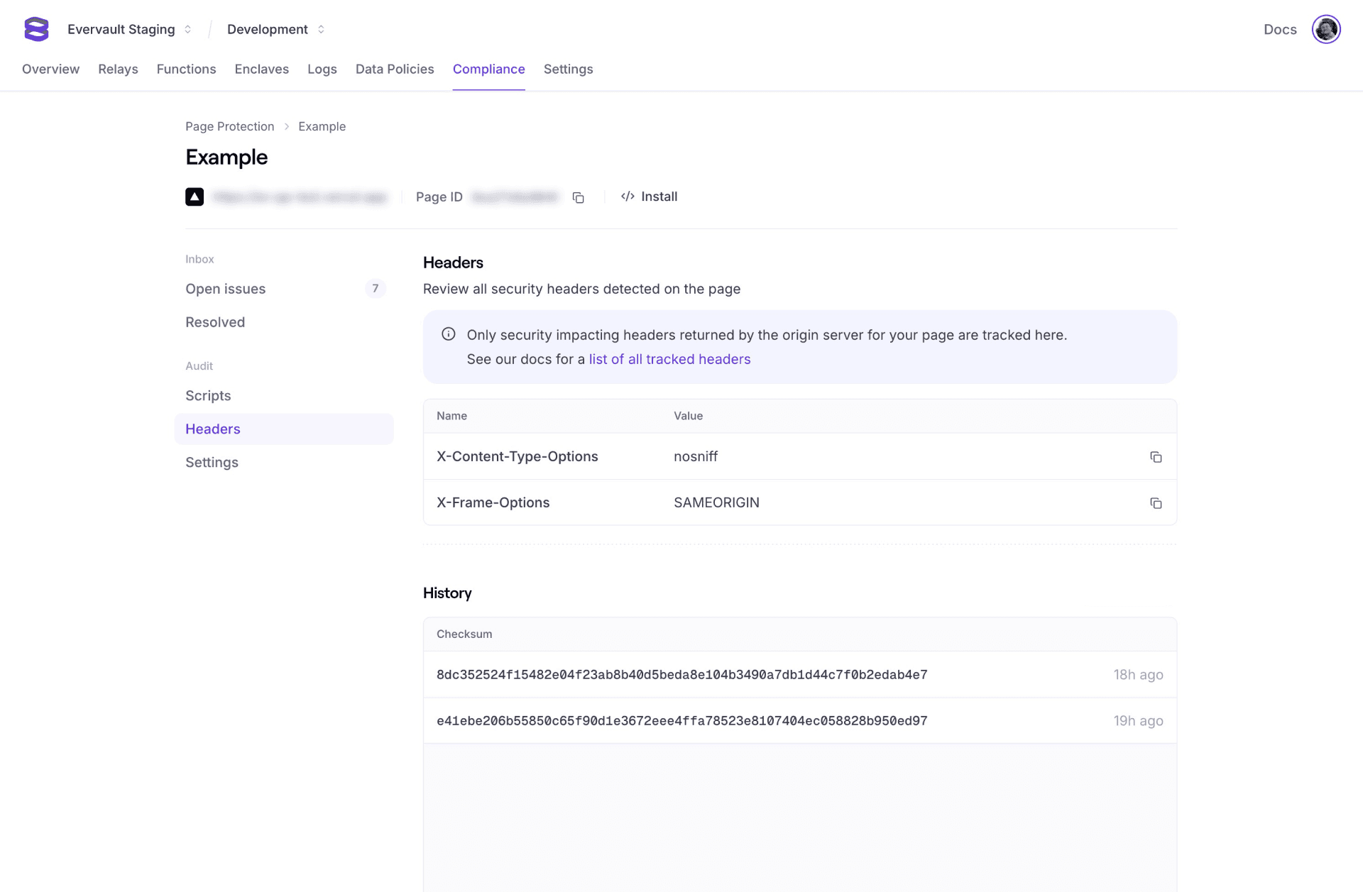 A screenshot of the Page Protection tab in the Evervault dashboard showing the Headers view.