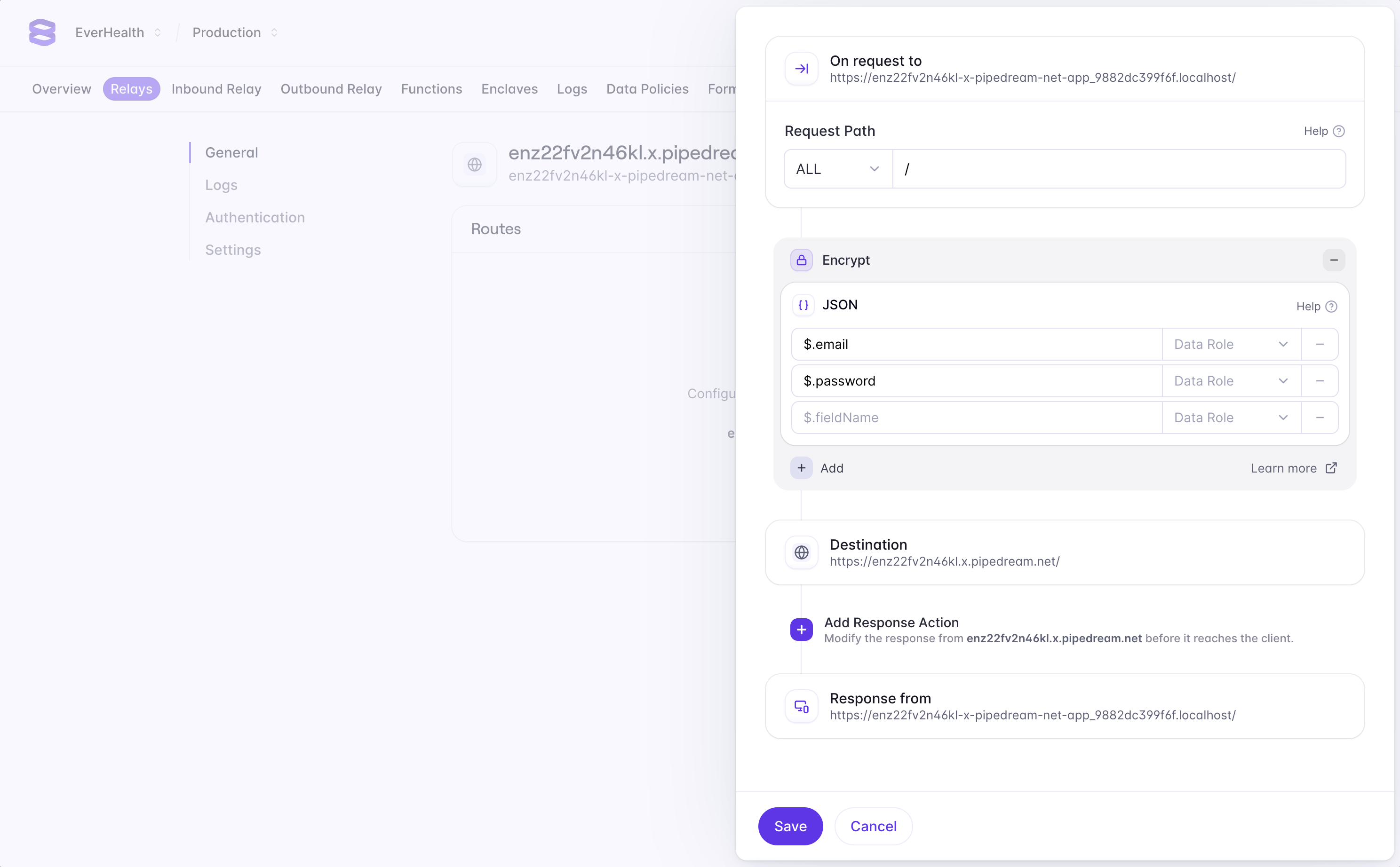 A screenshot of the Evervault Dashboard showing a form that configures two fields to be encrypted: email and password