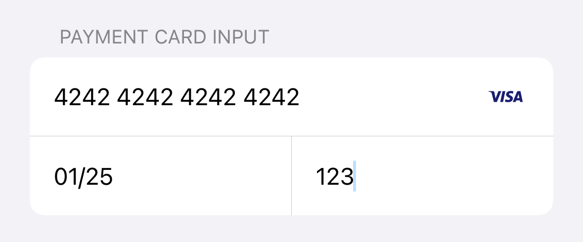 Screenshot of the iOS PaymentCardInput with Rows styling