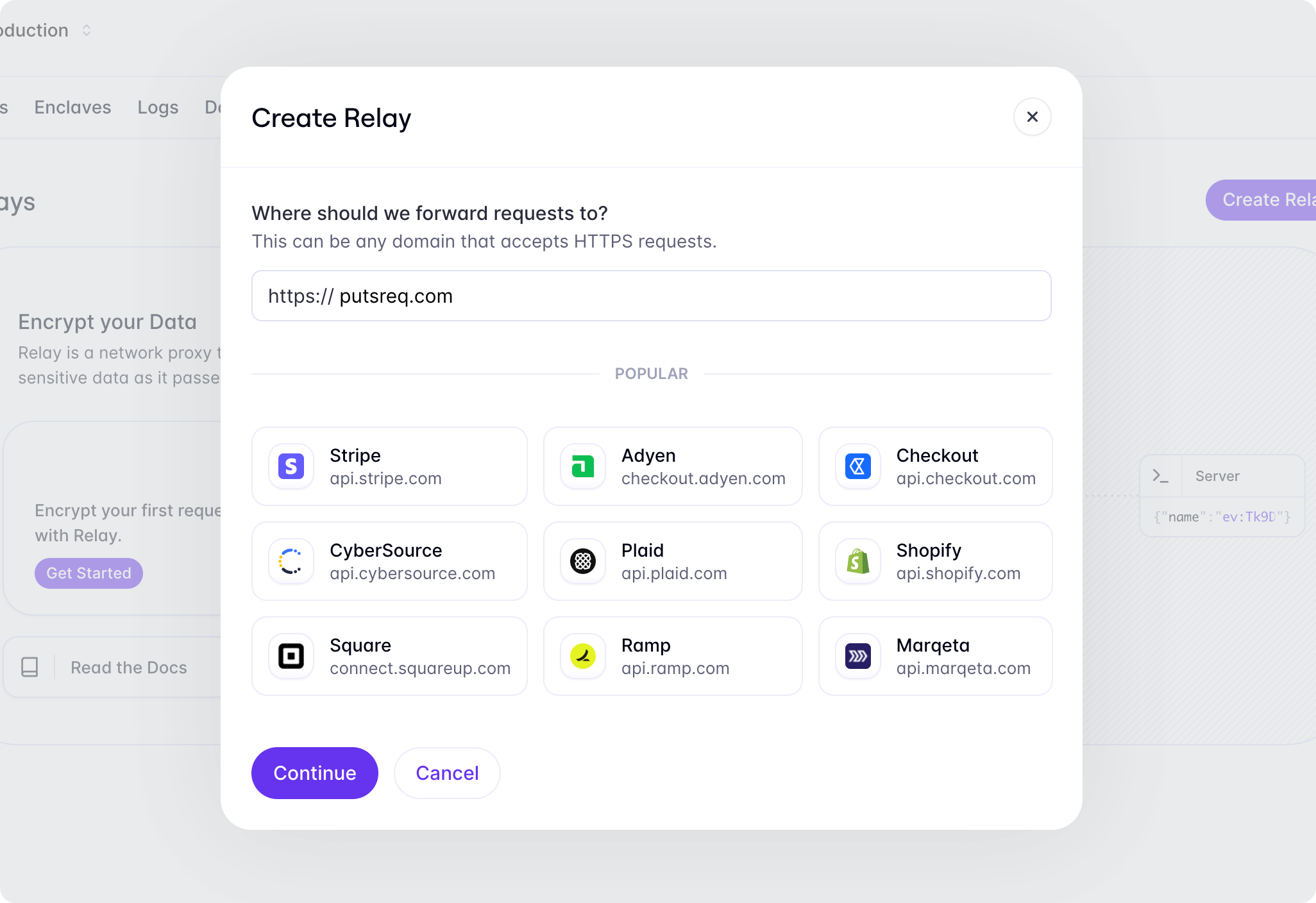 A screenshot of the form inside of the Evervault Dashboard to create a Relay pointed at putsreq.com